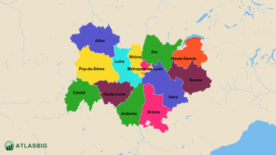 Karte der Départements von Auvergne-Rhône-Alpes Thumbnail